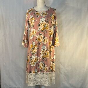 Sydney Rose Dress Pink Gold Floral Jersey Shift 3/4 Bell Sleeves Crochet Hem L 👍